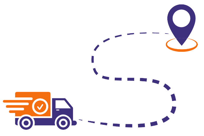 vectorized purple and orange delivery truck on a wavy lined path to it's destination, represented by a purple location pin