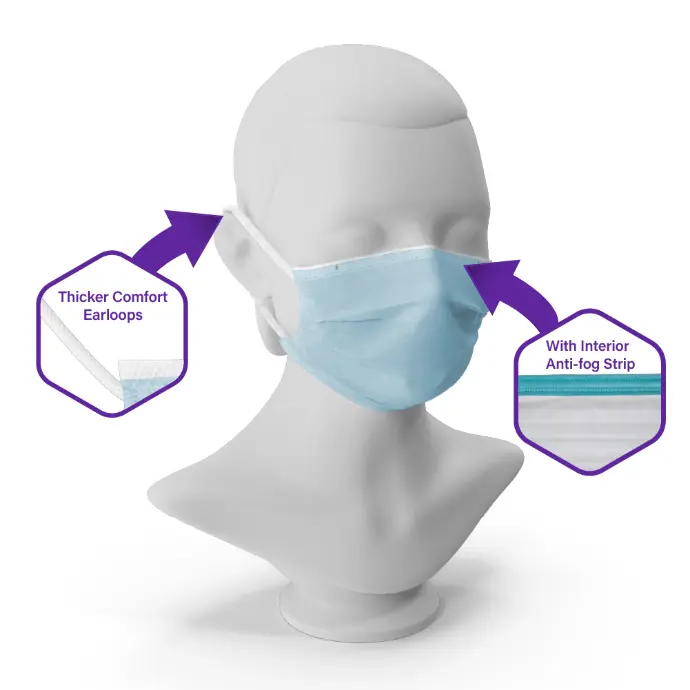 CLEARVIEW Level 2 Face Masks with Earloops on a mannequin head with indicators for the thicker comfort loops and interior anti-fog strip