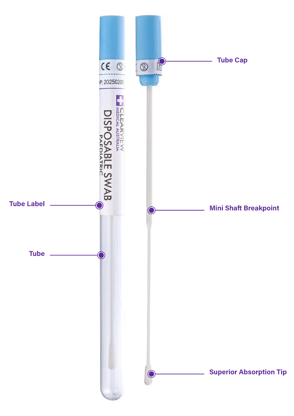 Clearview paediatric swab and tube with indicators for each part of the swab and tube