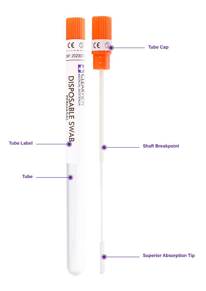 Clearview nasal swab and tube with indicators for each part of the swab and tube