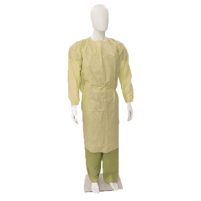 Clearview yellow SMS Isolation Gown with Knitted Cuffs displayed on a mannequin.