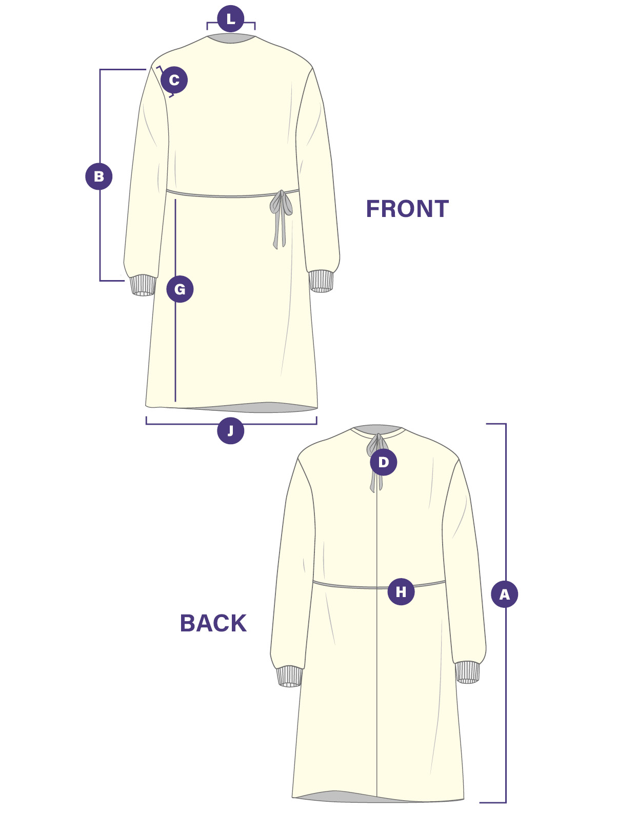 A front and back illustration of the Clearview yellow SMS Isolation Gown with Knitted Cuffs with indicators for each length of the different parts of the gown.