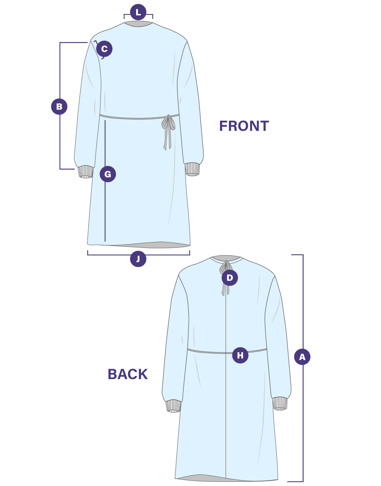 A front and back illustration of the Clearview blue SMS Isolation Gown with Knitted Cuffs with indicators for each length of the different parts of the gown.
