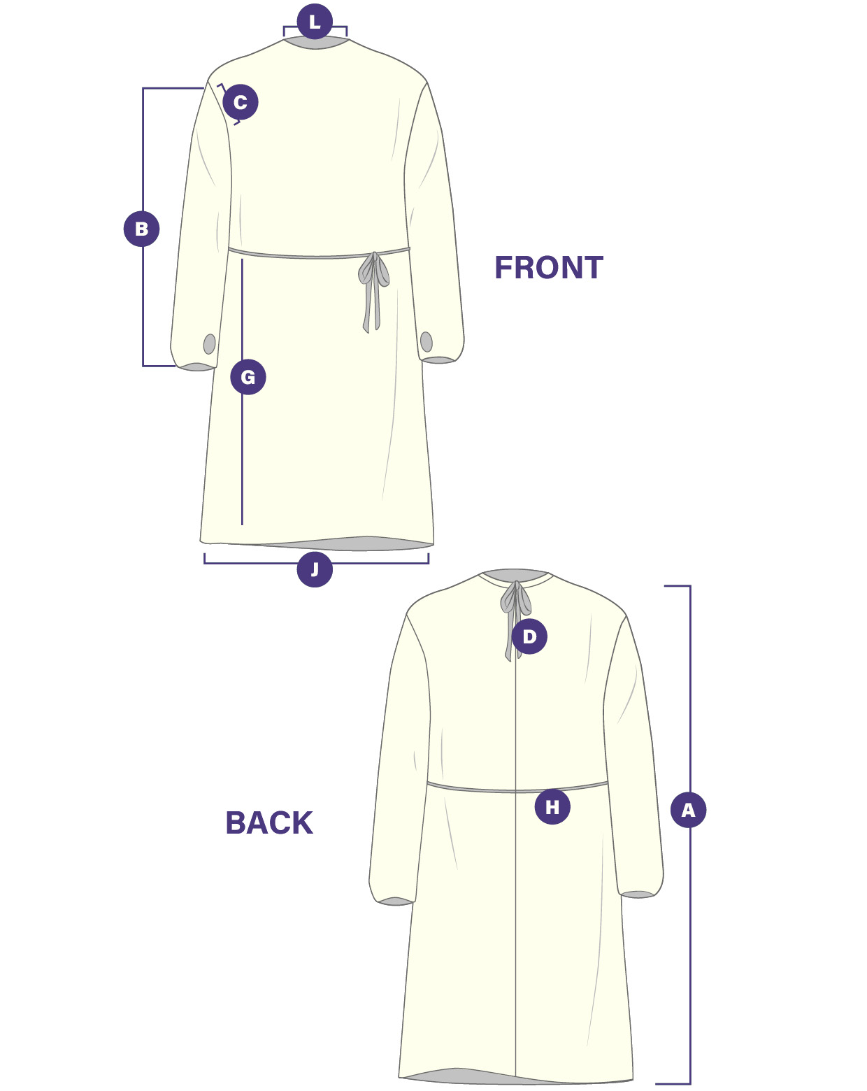 A front and back illustration of the Clearview yellow SMS Isolation Gown with Thumb Loops with indicators for each length of the different parts of the gown.